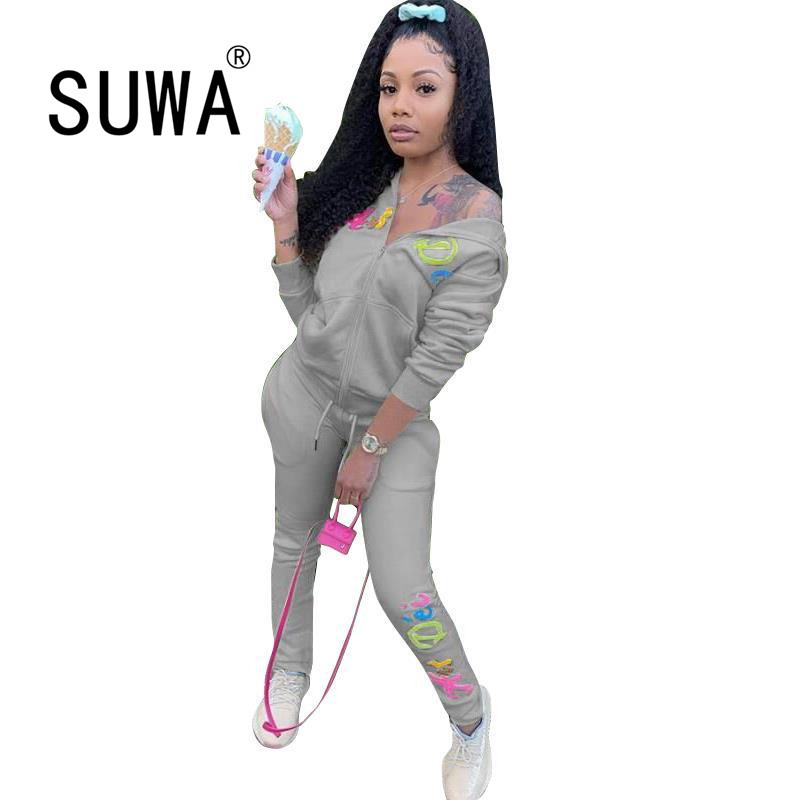 Women Set Colorful Letter Print Sportswear Suit Zipper Long Sleeve Top Jacket Jogger Legging Sweatpants Casual 2 Piece 210525, Gray
Women Set Colorful Letter Print Sportswear Suit Zipper Long Sleeve Top Jacket Jogger Legging Sweatpants Casual 2 Piece 210525, Gray