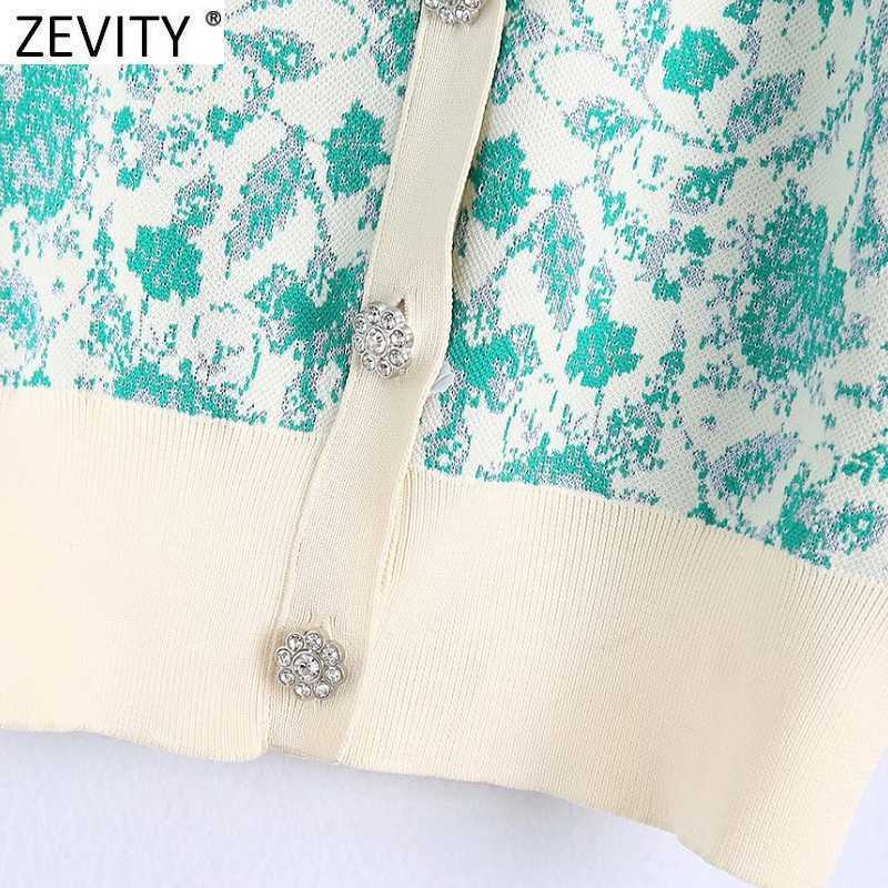 Zevity Women Fashion V Neck Floral Print Jacquard Short Knitted Sweater Female Chic Puff Sleeve Cardigans Crop Tops SW837 210918