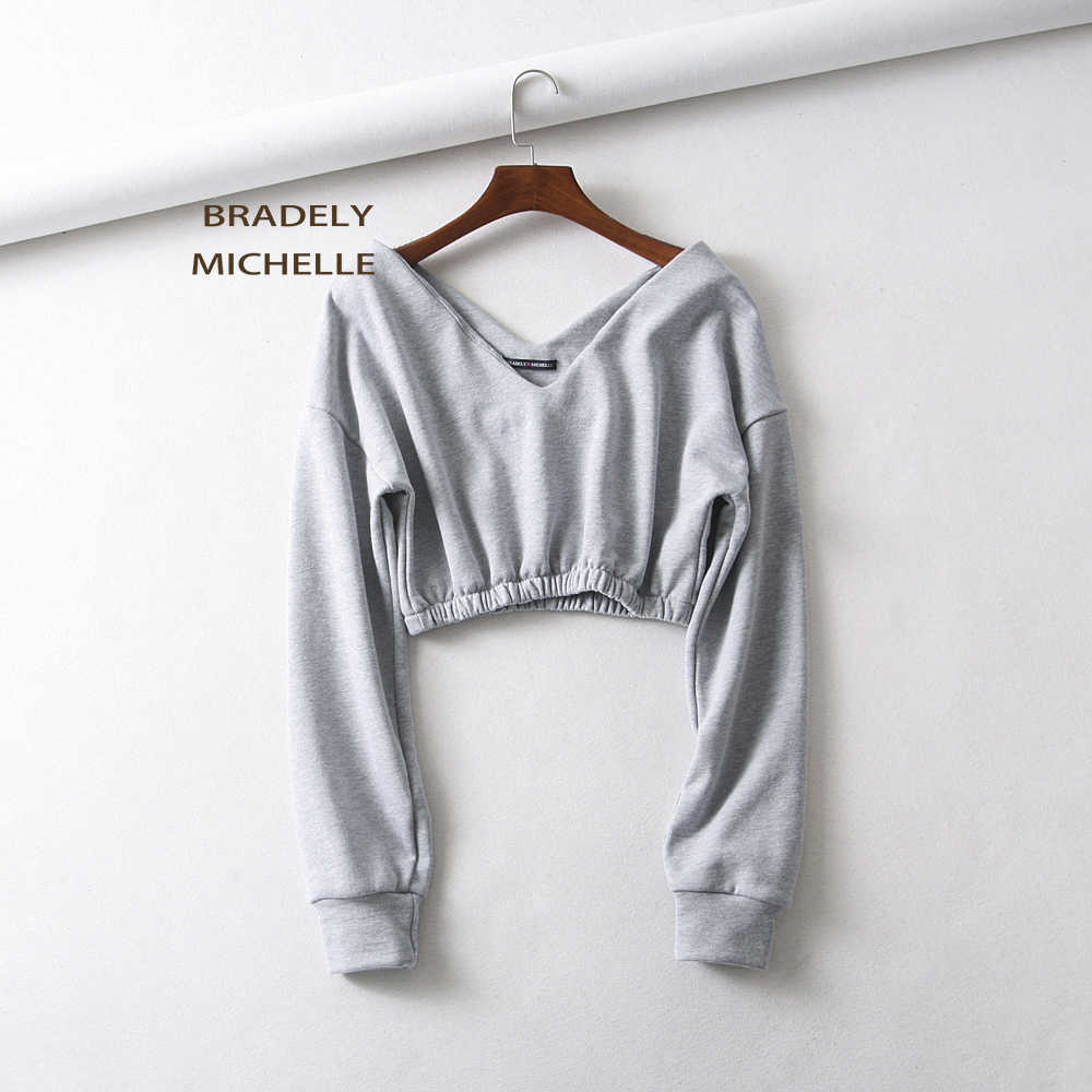 BRADELY MICHELLE women sexy sweatshirt streetwear hoodies hip pop crop top female long sleeve deep vneck pullovers 210816