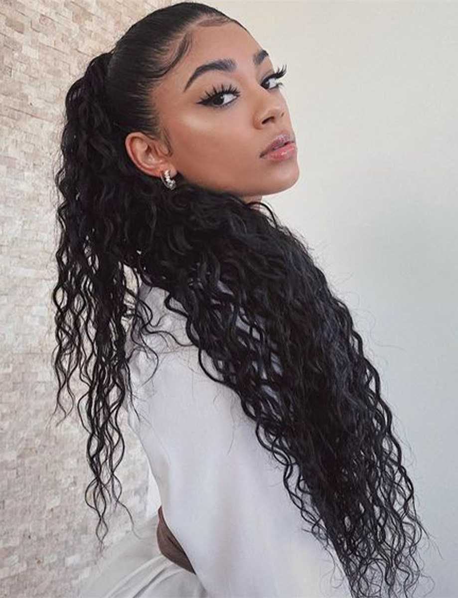 Long Curly human hair Pony tail Wrap Around Ponytail Clip in Hair Extensions Natural Hairpiece Headwear Malaysian Hair natural black 1b