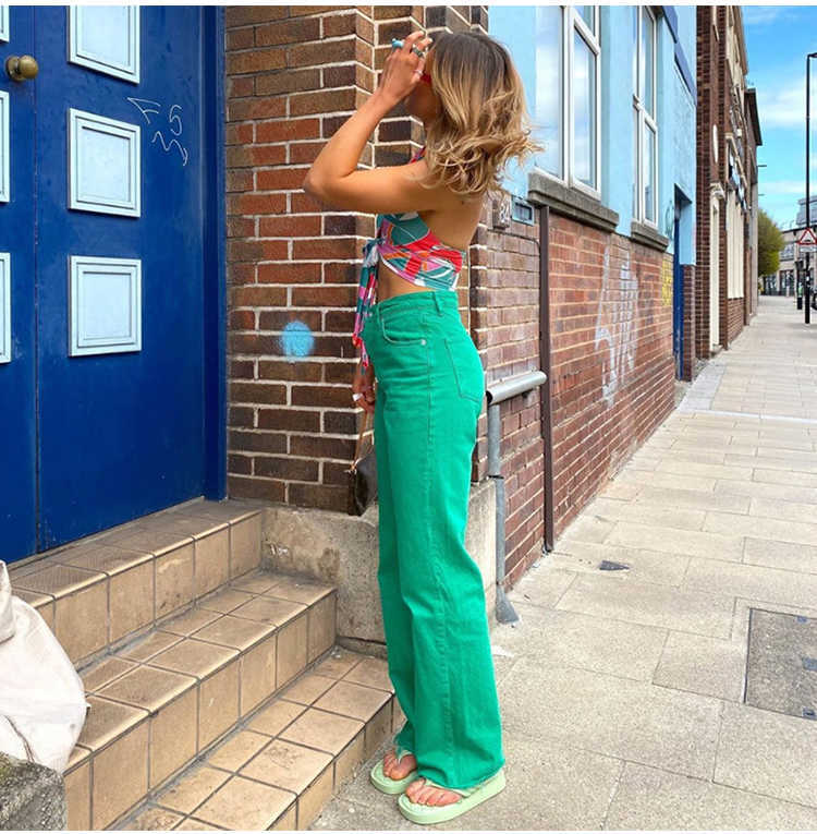 solid color jeans girl streetwear fashion clothing green slim straight leg pants hip-hop mom 210809
