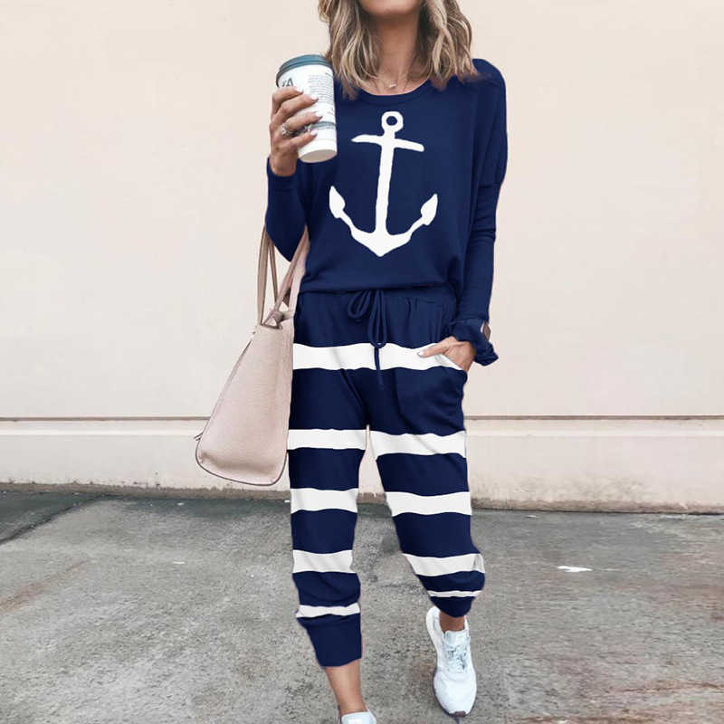Women Long Sleeve 2 PCS Tracksuit Set Casual Print O Neck Loose Tops Drawstring Elastic Waist Pant Ladies Home Pajama Suits 210526