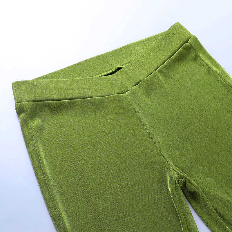 Colysmo Sexy Two Piece Set Women Slim FLare Pant Suits Hollow Out Halter Lace Up Crop Top Knitted Shiner Vetement Femme Clothing 210527