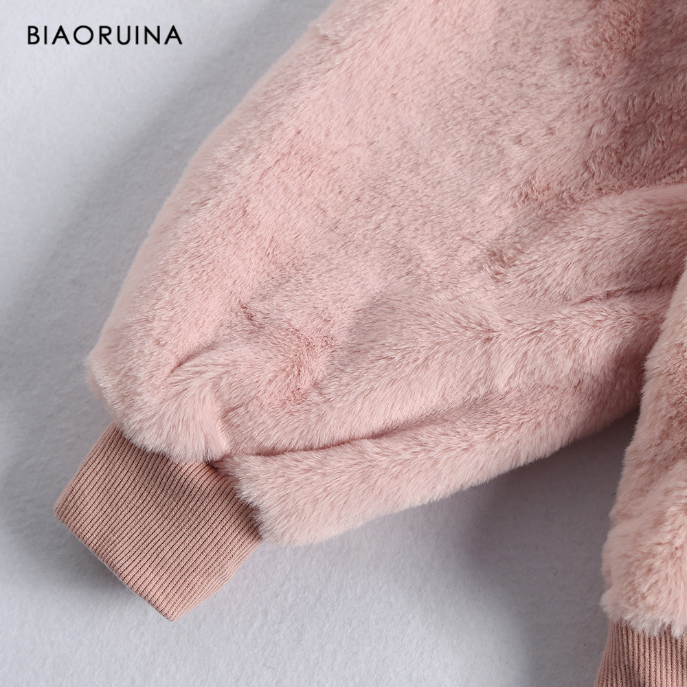 BIAORUINA Women's Nebraska Letter Embroidery Warm Thick Pink Fluffy Hoodies Female Sweet Casual Oversized Hooded Sweatshirt 201217