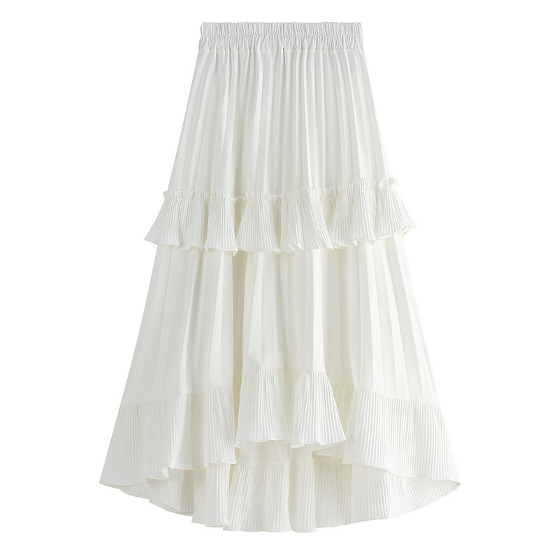 Beige White Fashion Korean Ruffle Midi Long A-line Skirt Women Casual Spring Summer High Waist Irregular All-match Skirts Female 210309