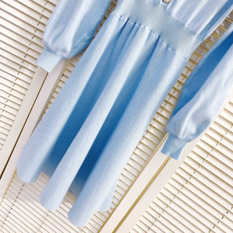 DEAT Women Stitching Sequins Slim Knitted Dress Peter Pan Collar Long Sleeve Elastic Waist Fashion Spring Summer MZ749 210709