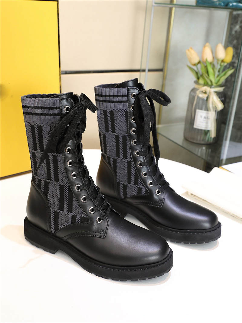 2021 Women's Shoes "Rockoko" Combat Boots In Black Leather Motif Sock Knit