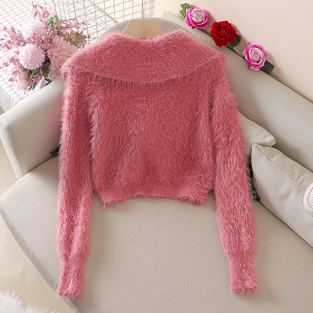 Women Fluffy Soft Sweater New Autumn Winter Vintage Short Cardigan Coat Ladies Korean Single Breasted Turn Down Collar Knitted 210218