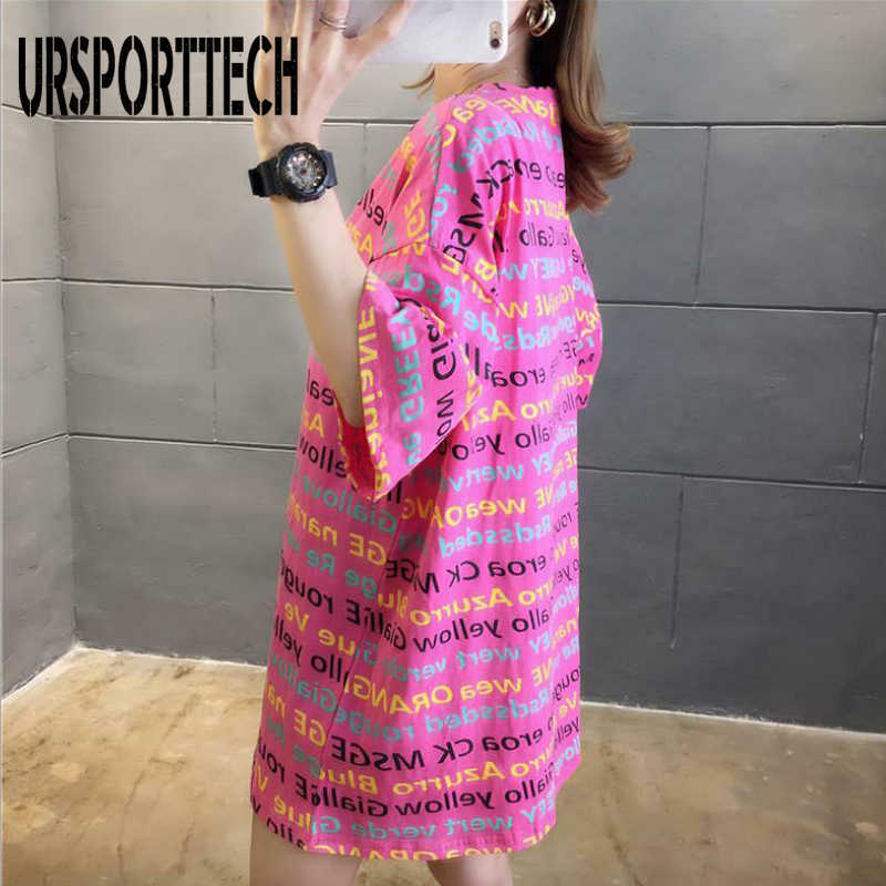 URSPORTTECH Womens Tshirts Letter Printed Long T Shirt Women Summer Short Sleeve Shirt Female Oversized Casual Harajuku Tops Tee 210528
