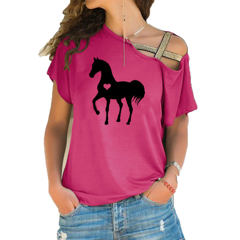 Heart horse shirt horse tshirt gift for horse lover equestrian gifts clothing birthday party Irregular Skew Cross Bandage Tees 210306