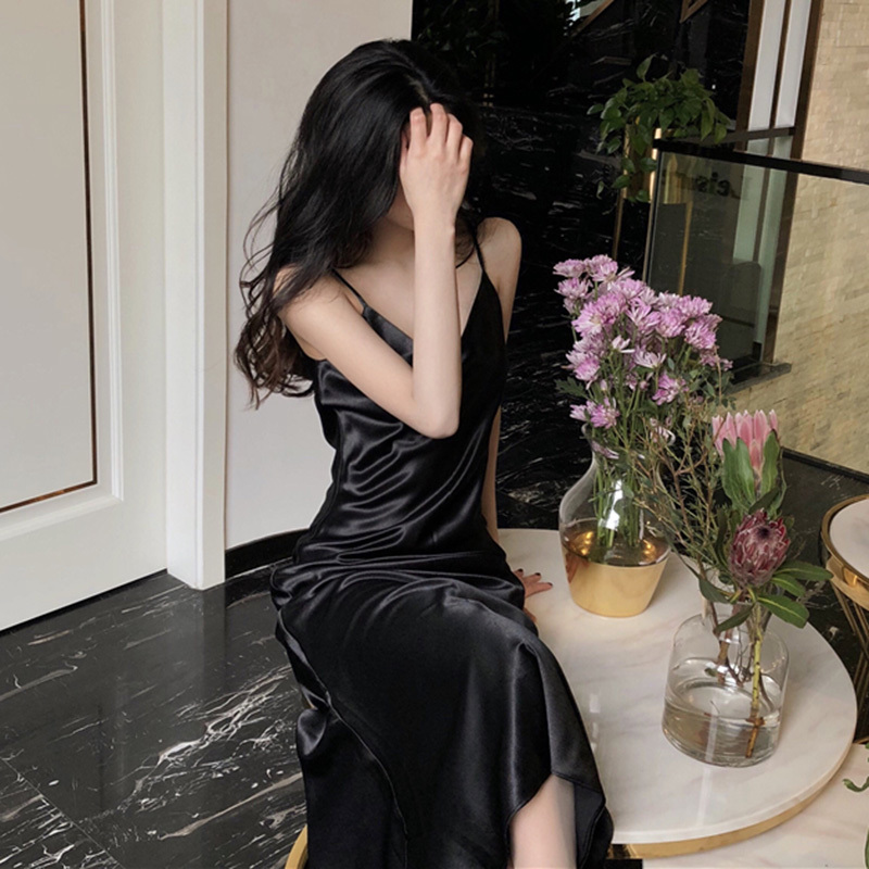 Ordifree Summer Women Long Satin Slip Dress Spaghetti Strap Party Dress Vintage Pink Gold Black Silk Sexy Maxi Dress 210309