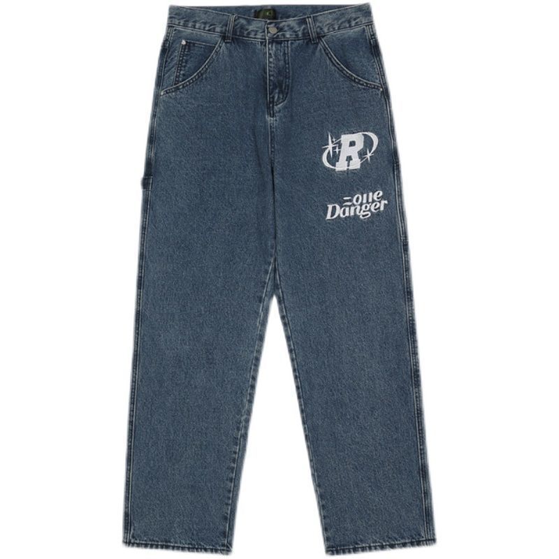 Autumn streetwear retro hip-hop letter embroidery jeans loose straight-leg pants wide-leg for men and women couples 220308