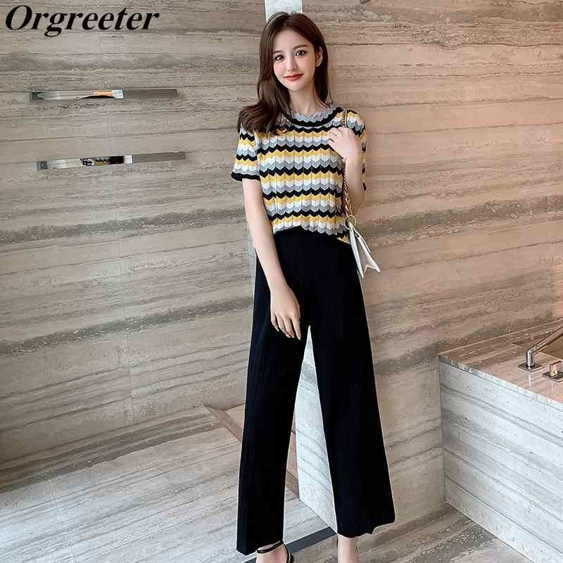 High Quality Summer Wavy Striped Knitted Short-sleeved Pullover Tops + waist Black wide-leg Pants 2 piece Sets 210525, Picture color
High Quality Summer Wavy Striped Knitted Short-sleeved Pullover Tops + waist Black wide-leg Pants 2 piece Sets 210525, Picture color