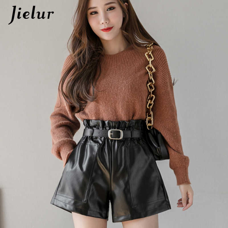 Jielur PU Autumn Winter Women Shorts Slim High Waist Solid Color Shorts Womens Chic Korean Belt Leather Short Trousers S-XL 210611
