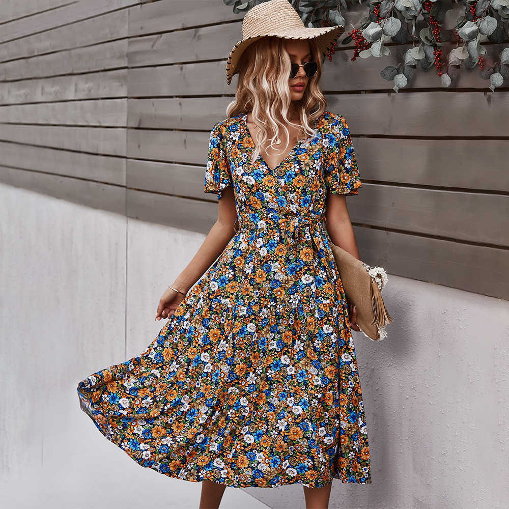Ladies Vintage Maxi Floral Print Summer Dress Women Bohemian Slim Casual High Waist Bandage Women Beach Dress Female Vestidos 210630