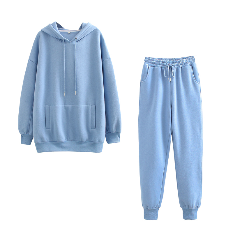 Hoodie 2 Pcs Set Women Sweatshirt Autumn Solid Oversized Set Casual Long Sleeve Fleece Tops Long Pants Tracksuit Suit Outfits 201217