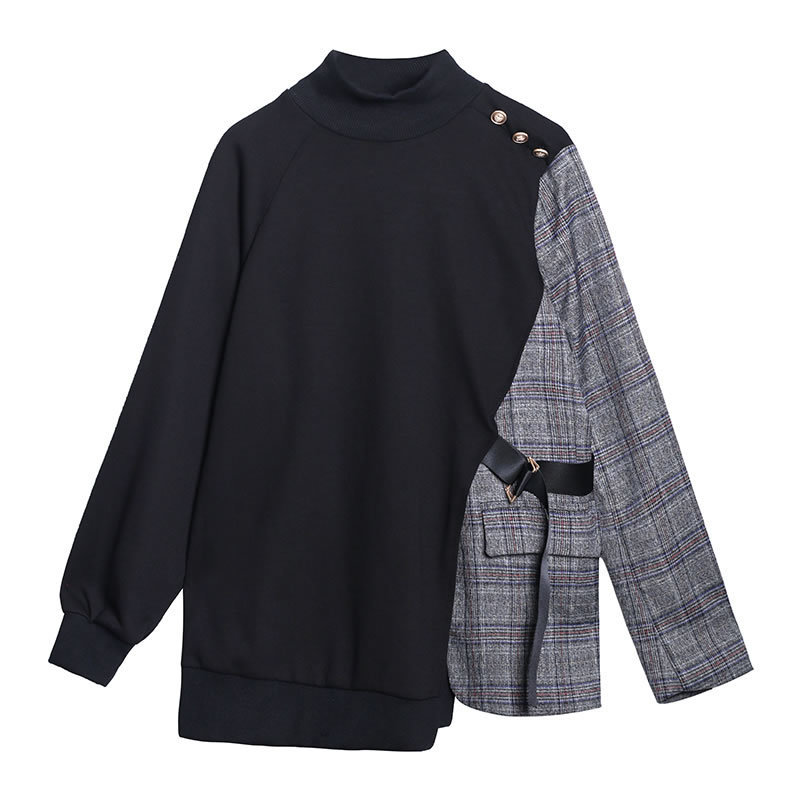 XITAO Korean Style Patchwork Plaid Sweatshirt Women Fashion Long Sleeve Loose Turtleneck Top Plus Size Irregular Autumn XJ5254 201202
