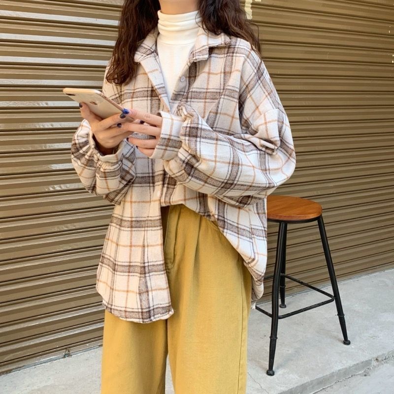 Women Plaid Warm Shirt Female Jacket Checked Coat Casual Turn-down Collar Long Sleeve Autumn Blouse Fashion Loose Outwear Tops 210225