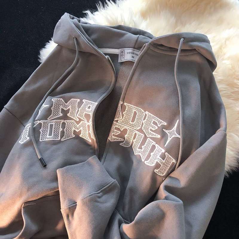 Letters Print Sweatshirt Y2k Zip-up Hoodie Hip Hop Streetwear Kawaii Harajuku Grunge E-girl Outwear Pink Tops Hoodies Women 220311