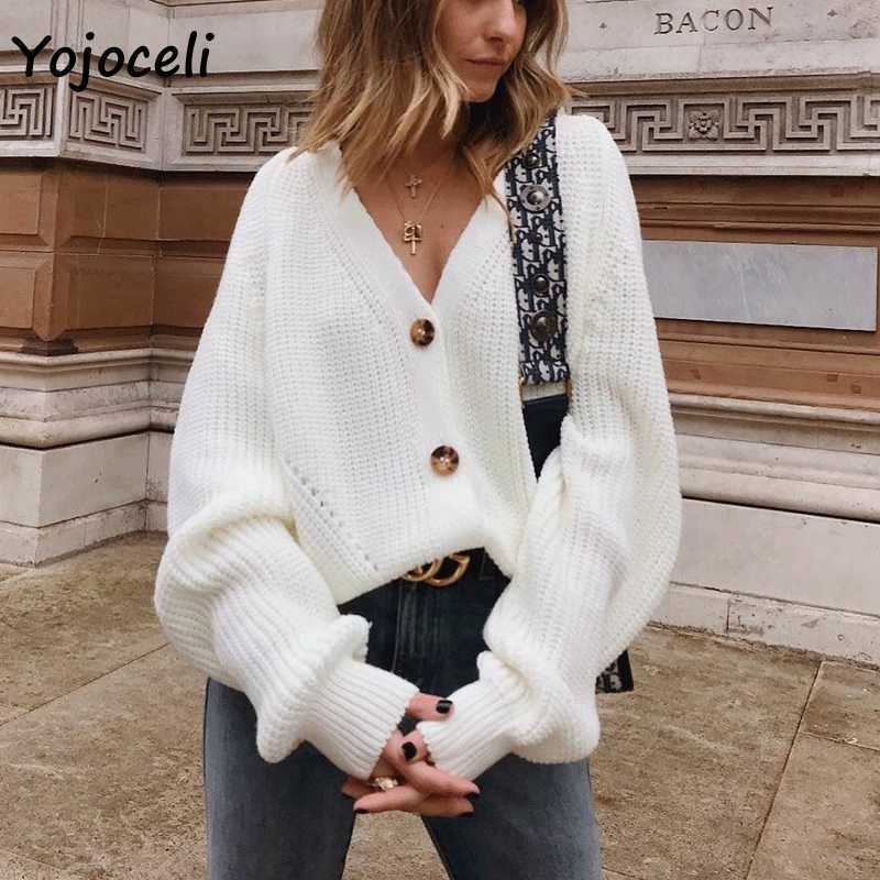 Yojoceli autumn winter knitted cardigan coat v neck loose sweater jumper 210609
