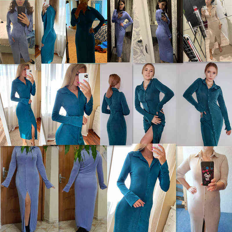 CNYISHE Fall Breasted Long Sleeve Maxi Dresses Turn-down Collar Pure Color Split Dress Streetwear Cardigan Shirt Dress Robe 211221
