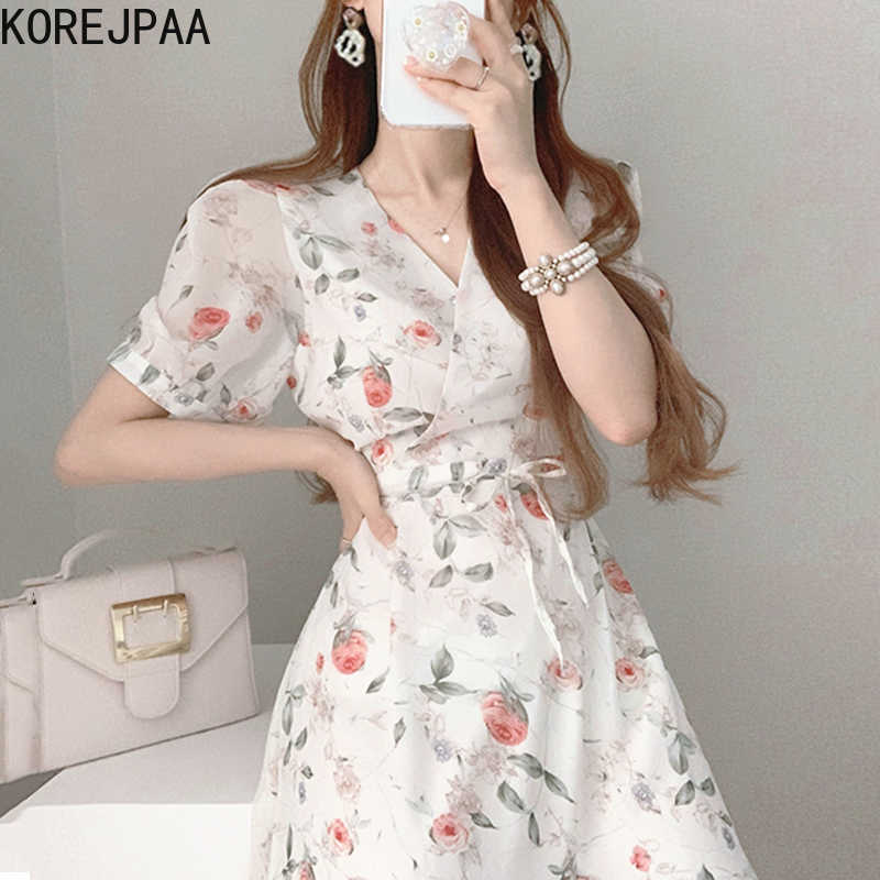 Korejpaa Women Dress Summer Korean Chic Sweet Temperament Thin V-Neck Lace-Up Waist Floral Chiffon Puff Sleeve Vestidos 210526, White
Korejpaa Women Dress Summer Korean Chic Sweet Temperament Thin V-Neck Lace-Up Waist Floral Chiffon Puff Sleeve Vestidos 210526, White