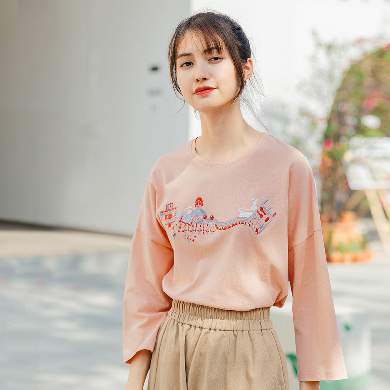 INMAN Summer New Arrival Pure Cotton Embroidered Literary Fashion Leisure Half Sleeve Tshirt T200614