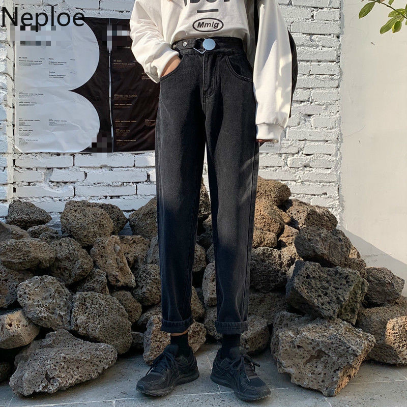 Neploe High Waist Jeans Women Spring 2021 Solid Zipper Fly Button Ladies Trousers Loose Korean Pockets Wide Leg Pants 1A005 210222