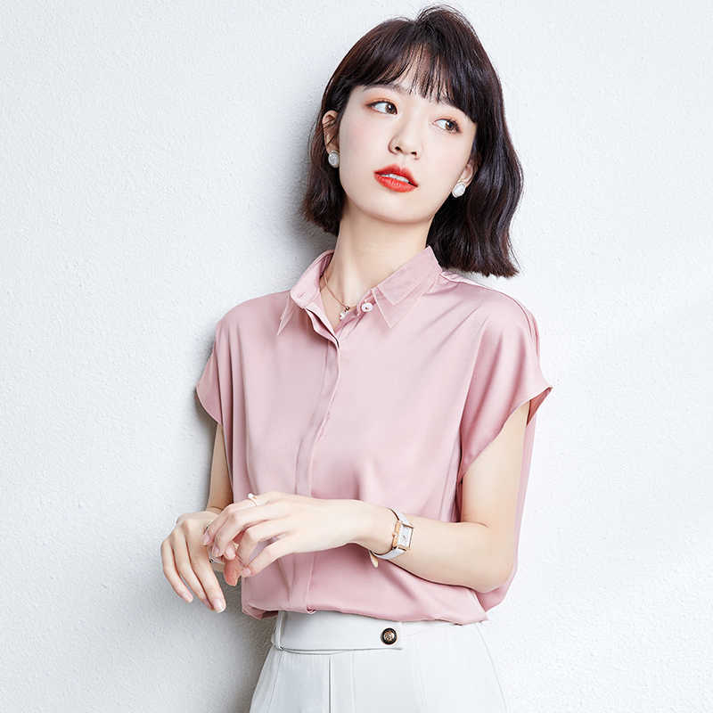 Blouses for Women Summer Tops Short Sleeve Casual Satin Blouse Female Work Wear Pink Office Lady Shirts Plus Size XXL 210531