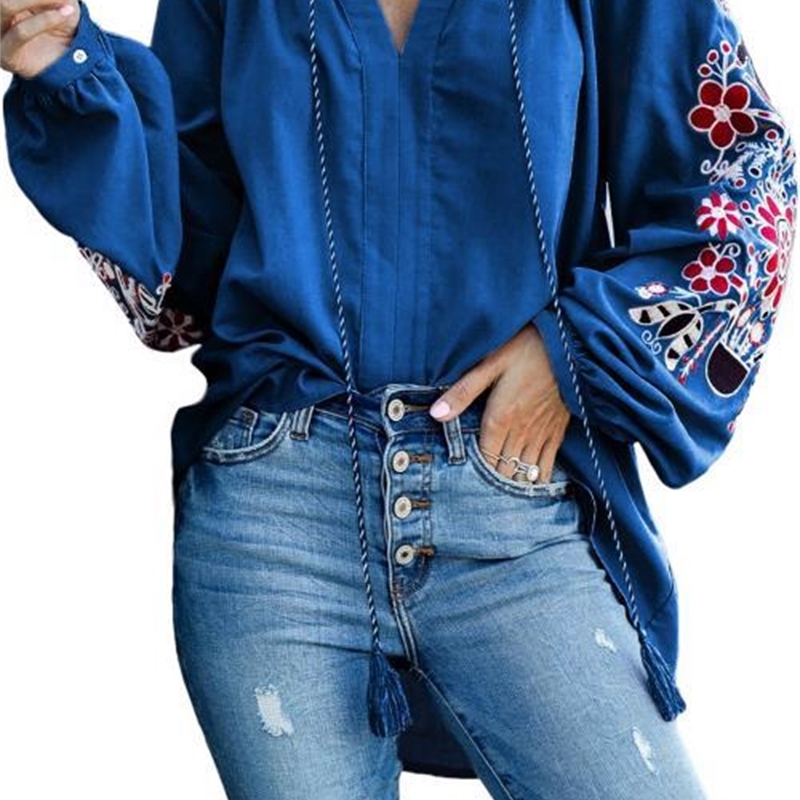 Green/Black/Blue/Pink Relaxing Fit Floral Embroidered Peasant Blouse Top Women Billowy Long Sleeves Casual Loose Autumn Blouse T200321