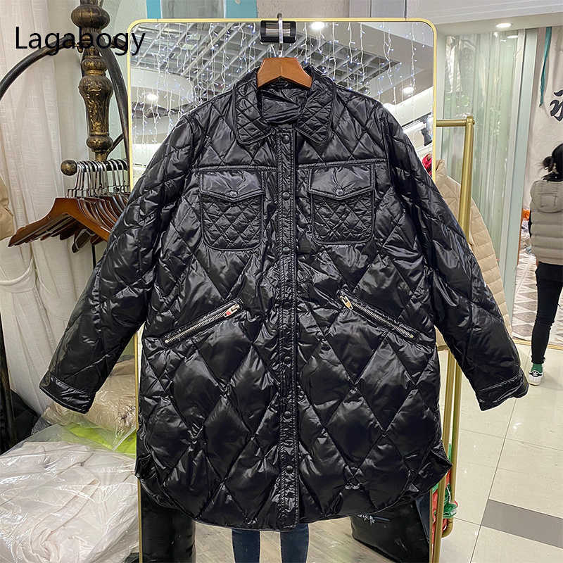 Lagabogy Winter Ultra Light 90% White Duck Down Coat Long Sleeve Warm Parka Female Casual Single Breasted Puffer Jacket 211018