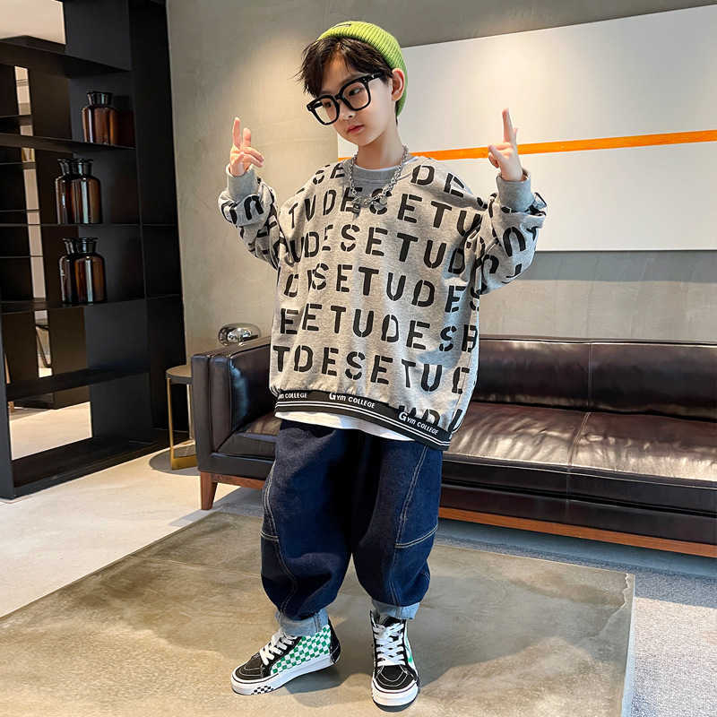 Fashion Spring Fall Kids Boy Sweatshirt Children Long Sleeve T-shirts Tops Korean Children Lettet Print Pullover 4 8 12 14 Years G0908