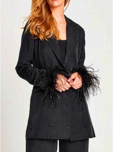 GETSPRING Women Blazer dress elegant Long Black Feather Coats Jacket suit double breasted Bandage outfit Spring autumn 210930