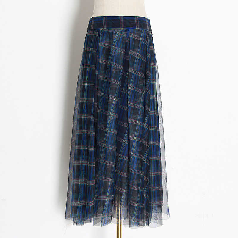 TWOTWINSTYLE Plaid Patchwork Mesh Women's Skirts High Waist Hit Color Elegant A Line Female Spring Fashion 210619