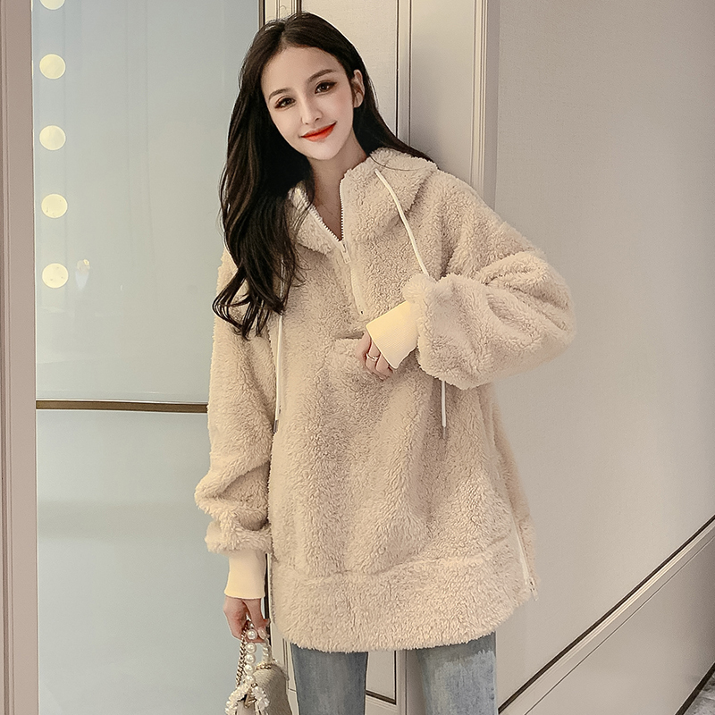 Qiu dong lambs Mao Wei han edition loose clothing female hedge fuzzy female long hooded students lambs wool coat 201204