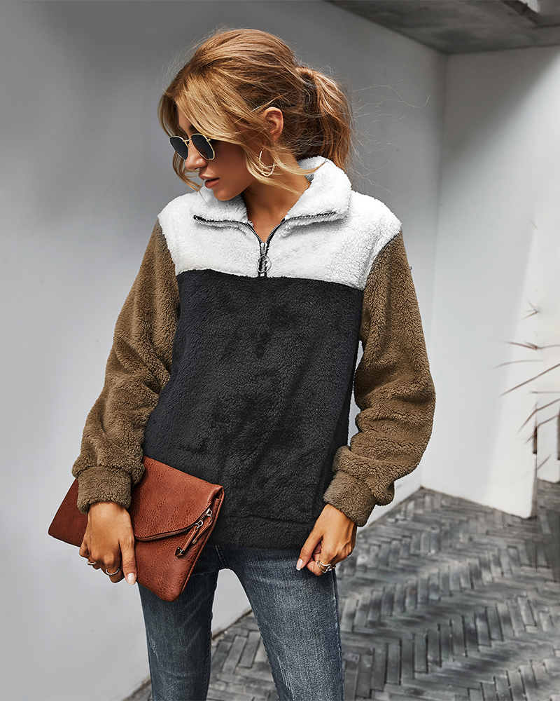 Winter Plush Keep Warm Sweatshirts Hoodie Turn Down Collar Zip Hoodies Fleece Patchwork Thick Hoody Women Long Sleeve Casual 201204