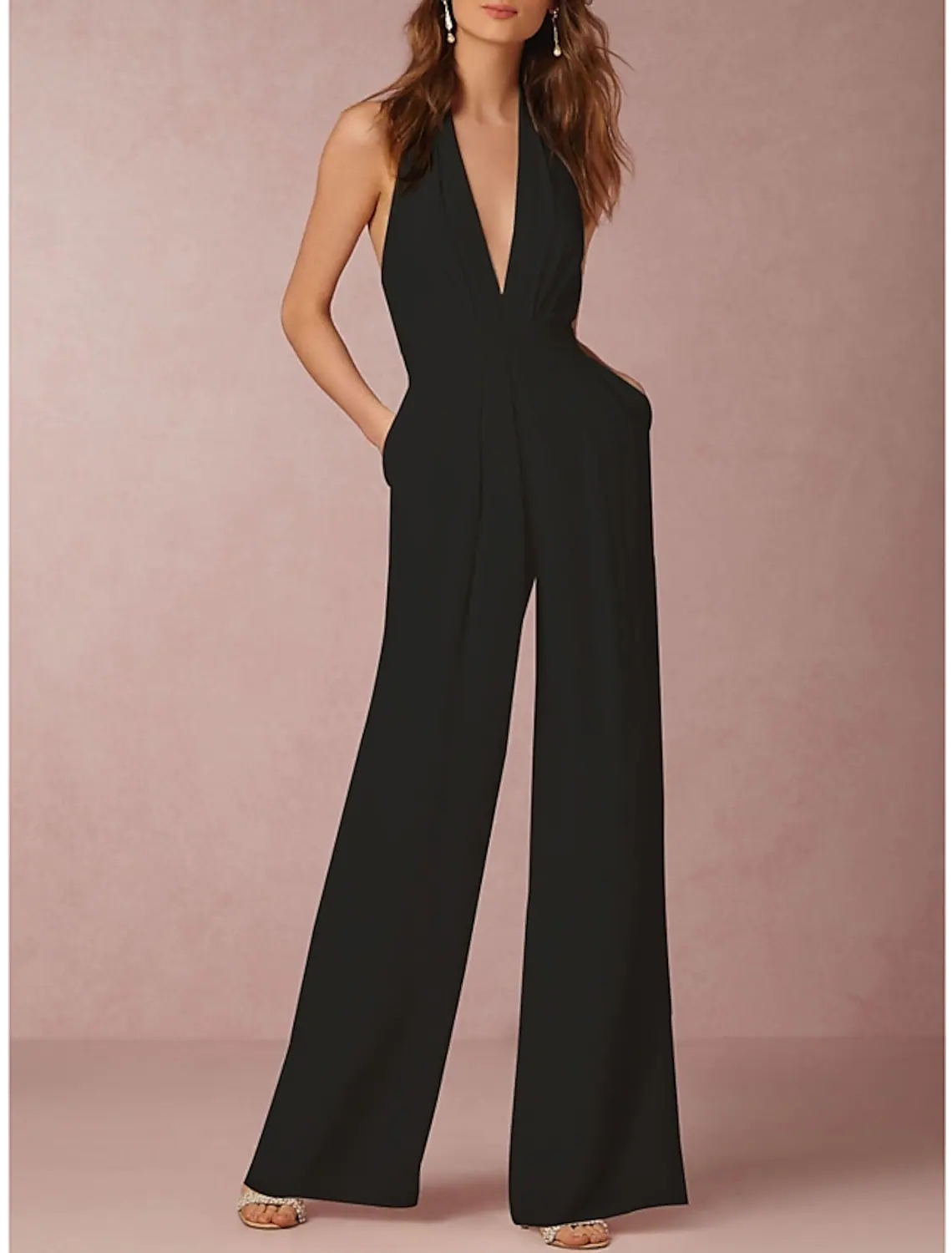 Elegant Black Jumpsuits Open Back Evening Dress 2022 Halter Neck Sleeveless Floor Length Prom Formal Gown Robes De Soirée Vestidos