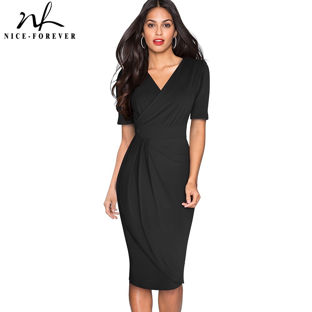 Nice-forever Elegant Pure Color with Button Office Work vestidos Business Party Slim Bodycon Women Pencil Dress B583 210224