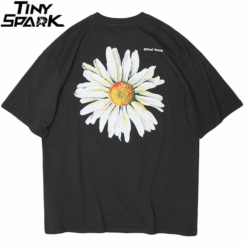 Men Hip Hop T Shirt Streetwear Chrysanthemum Daisy T-Shirt Summer Harajuku Tshirt Cotton Short Sleeve Black Tops Tee Flower 210225