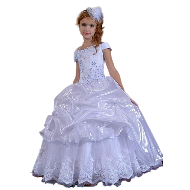 Cute White Lace Ball Gown Flower Girls Dresses For Wedding Party Beaded Floor Length Little Girl First Communion Dress Ruched Long Prom Pageant Evenin