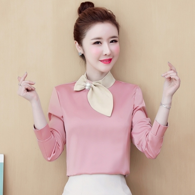 Spring New Women Simulation Silk Long Sleeve Chiffon Blouse Elegant Satin Bow Metal Buckled Temperament Women Shirt Blusas 8109 210225
