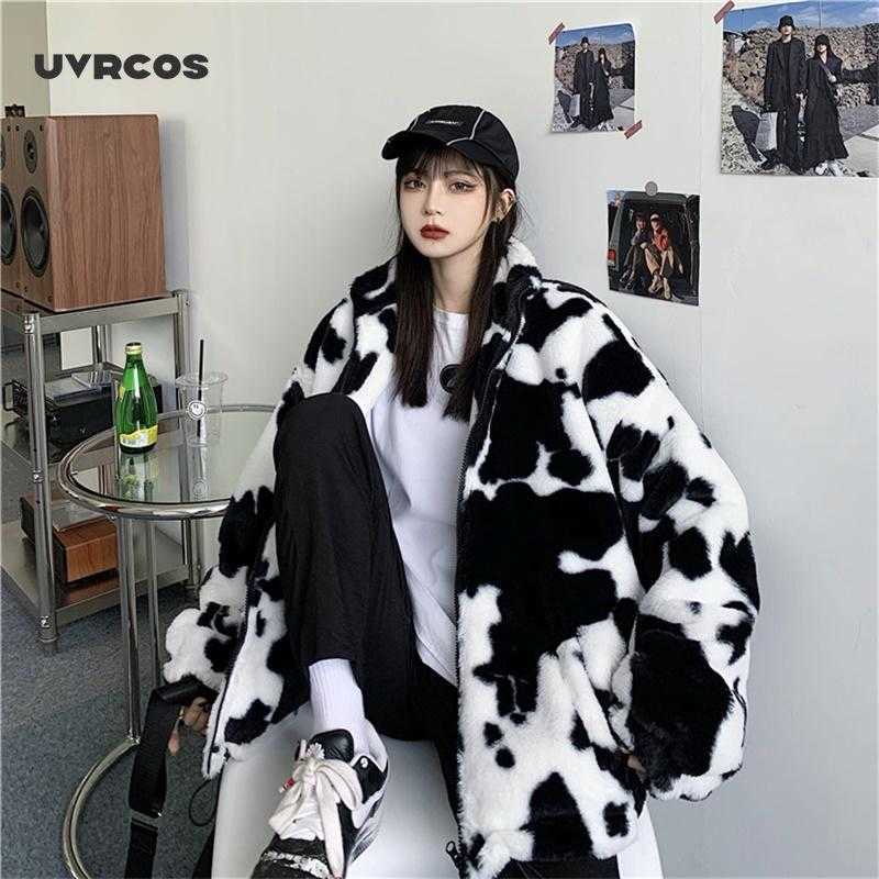 Korean Winter Fashion Coat Harajuku Cows Print Loose Full Sleeve Leather Jacket Vintage Flannel Keep Warm Cotton Coat 210712