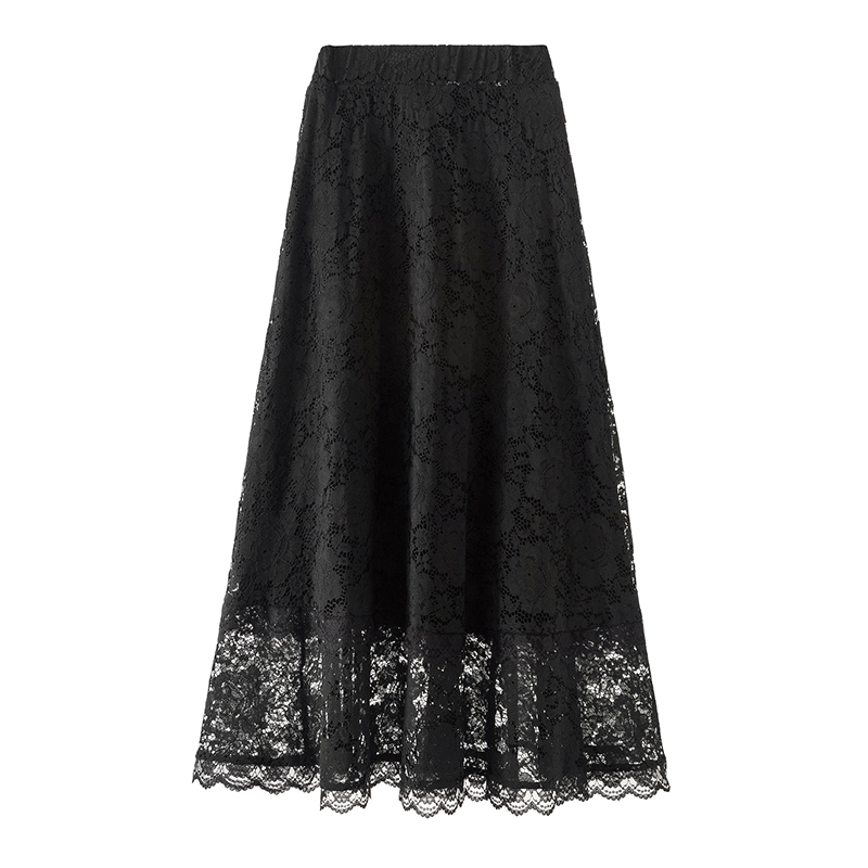 2021 Summer Black Lace Long Skirt Faldas Plus Size Loose High Waist Women Skirts Loose A- Line Midi Skirt for Women Skirts 9833 210309
