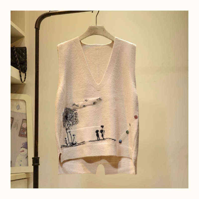 Embroidered V-neck Knitted Sweater Vest Femal Cartoon Pattern Frill Loose Sleeveless Bottoming Pullover Sweater Vest Women 220125