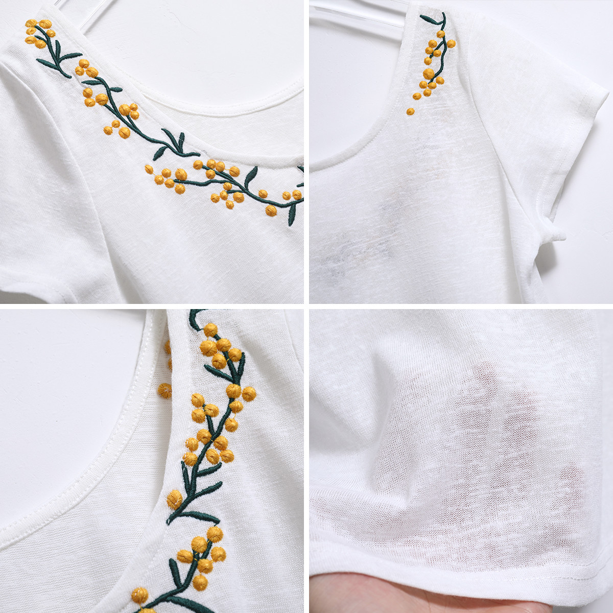 Jastie Short-sleeved Linen T-shirt Floral embroidery Back Chic Women Top Round Neck Pullovers Casual Top Tee Shirt Blusa 210306