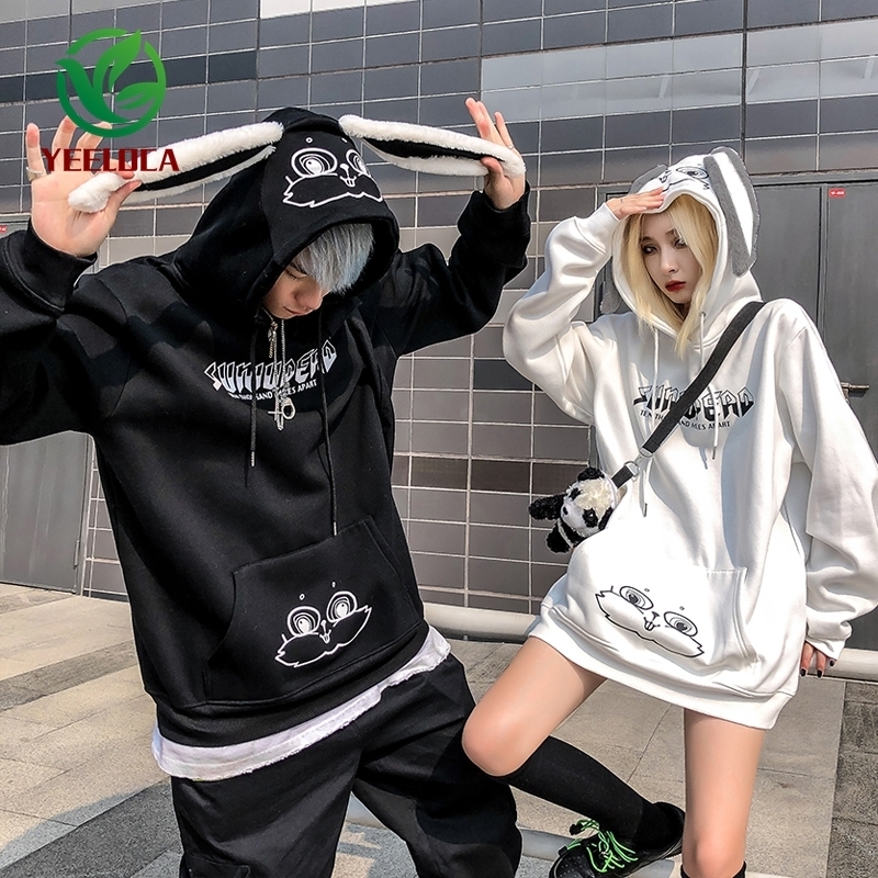 Autumn Winter Thicken Rabbit Ears Hooded Sweatshirt Casual Couple Personality Oversized Cotton Hoodie Men Women 201020