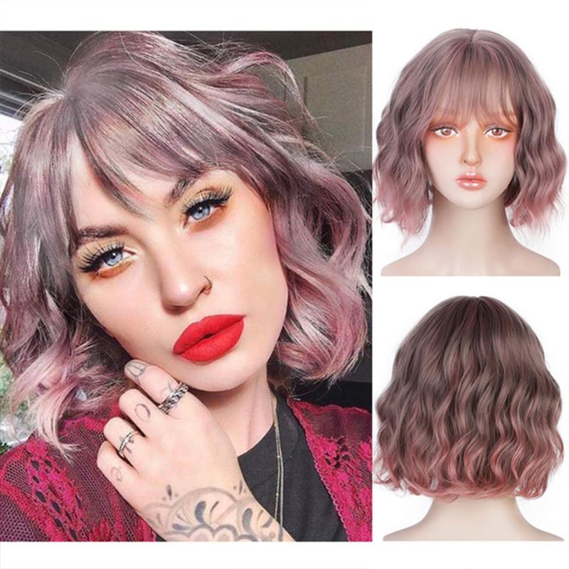 Synthetic Wigs Vigorous Short Wavy Wig With Bangs Black For Women Natural Brown Mixed Hair Bob Heat Resistant Fiber