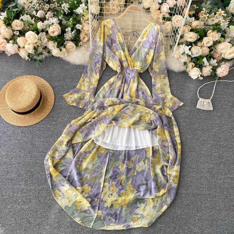 DEAT Women Printing Midi-long Dress V-Neck Long Sleeve Arrivals Lady Tenperamnet Fashion Spring Summer 11D942 210709