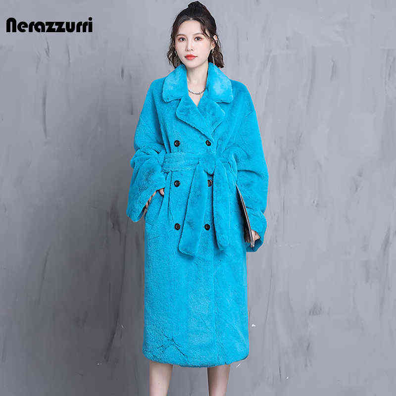 Nerazzurri Winter Oversized Purple Warm Fluffy Soft Faux Fur Coat Women long Sleeve Belt Runway Loose Casual Korean Fashion 211123