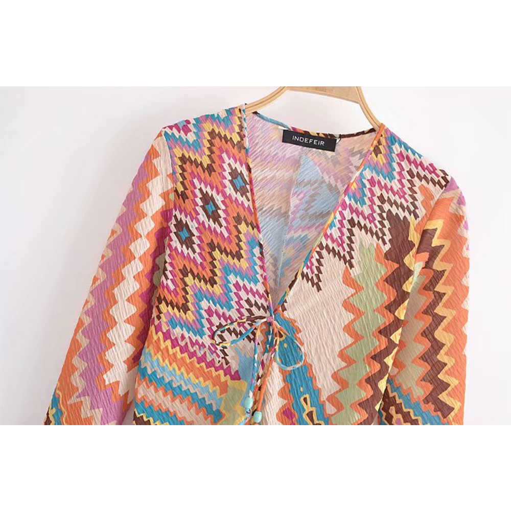 Summer Vintage Printed Dress Women V-neck with Drawstring Long Sleeves Chic Lady Elegant Maxi Dresses Woman 210709